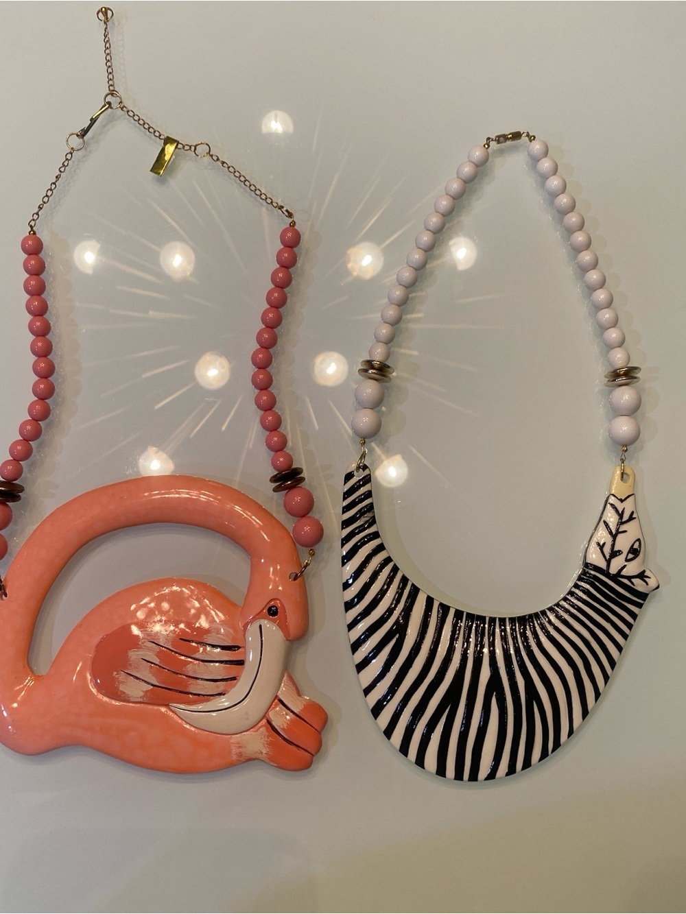 VTG Chunky Painted Wood Statement Necklace Lot Flamingo & Zebra Kitsch